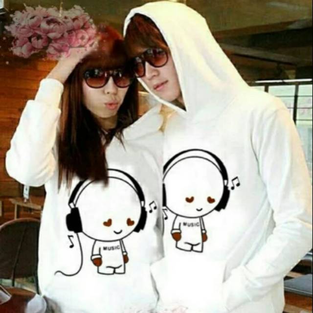 Jaket Couple White - Jaket Hoodie - Sweater Hoodie Pasangan Valentine Putih Musik DJ