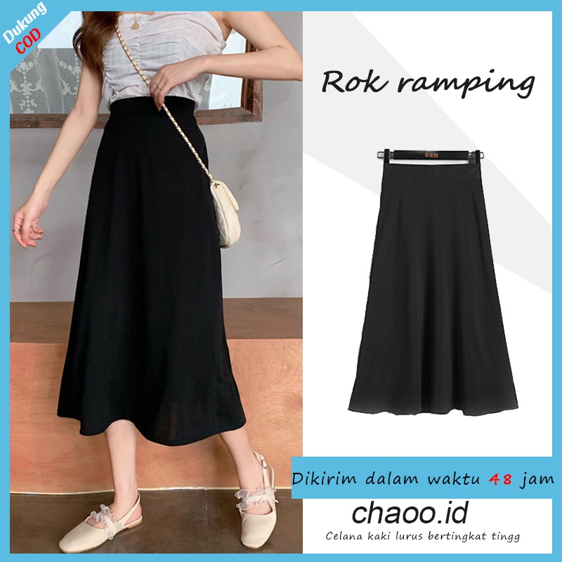 Rok A-line panjang pinggang tinggi ramping kasual wanita Korea warna solid