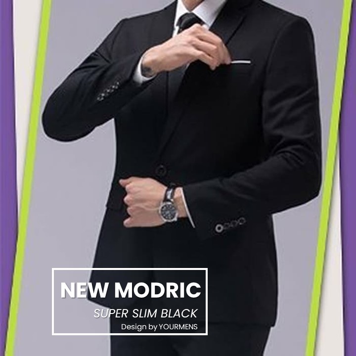 NEW BLAZER MODRIC HITAM WHITE LIST SLIMFIT BAHAN HIGH TWIST ORIGINAL NIKAYU + BONUS DASI