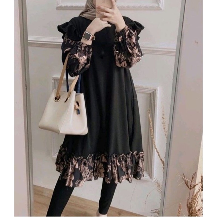 PROMO ONE SET FINA  / ONE SET  STANDART JUMBO / ONE SET - RAYON - ZAZA  / LD 100/105/110/115/120 CM  DAILY  TUNIK WANITA SET MOSCREPRE PREMIUM-SYAFIRA HITAM SET