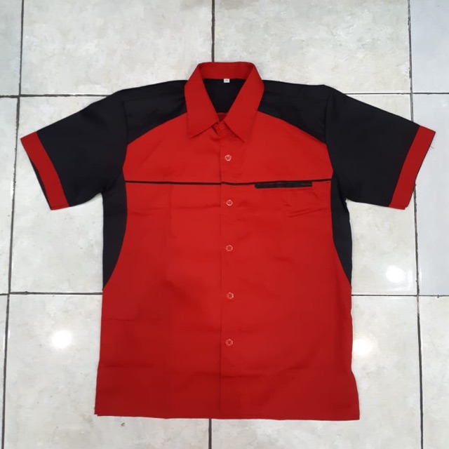 Baju kerja pria hitam kombinasi merah - seragam kerja pria dril - baju bengkel - seragam teknik