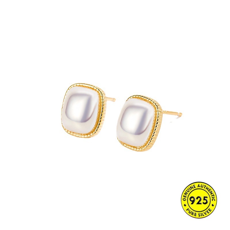 Anting Stud Zircon Mutiara Bentuk Persegi Bahan S925 Silver Gaya Retro Perancis Untuk Wanita