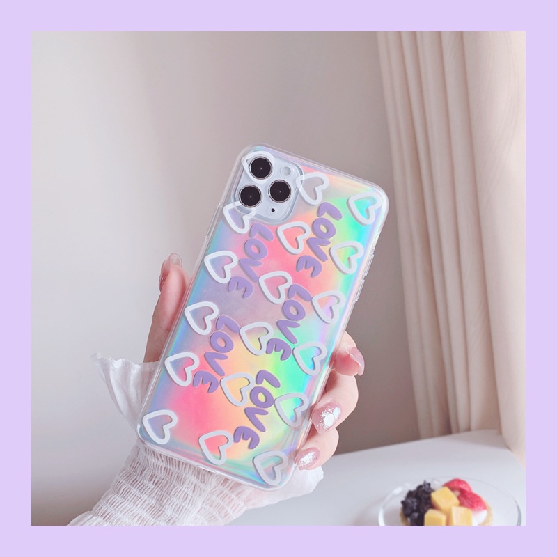 Soft Case Silikon Motif Hati Warna Ungu Laser Untuk Iphone 14 7 8 Se 2020 7 + 8PLUS XS XR 11 12 Mini 13 PRO MAX