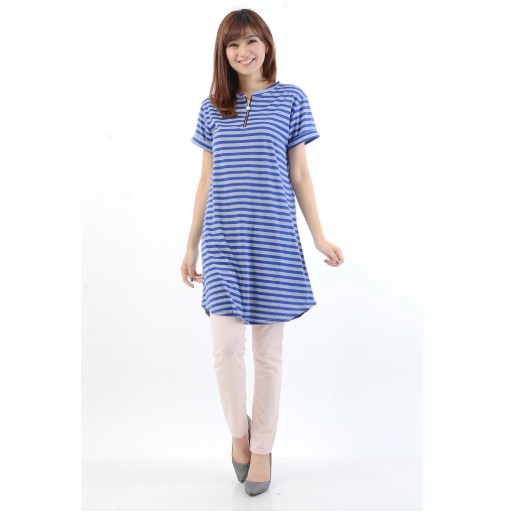 Fifi FASHION Tunik Seleting Corak Salur Tangan Pendek Simpel Elegan - Mimi