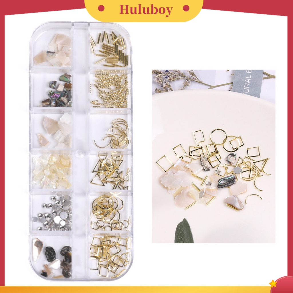 Huluboy Huluboy♡ 1 Kotak 12 Grids Payet 3D Bahan Alloy Untuk Dekorasi Nail Art