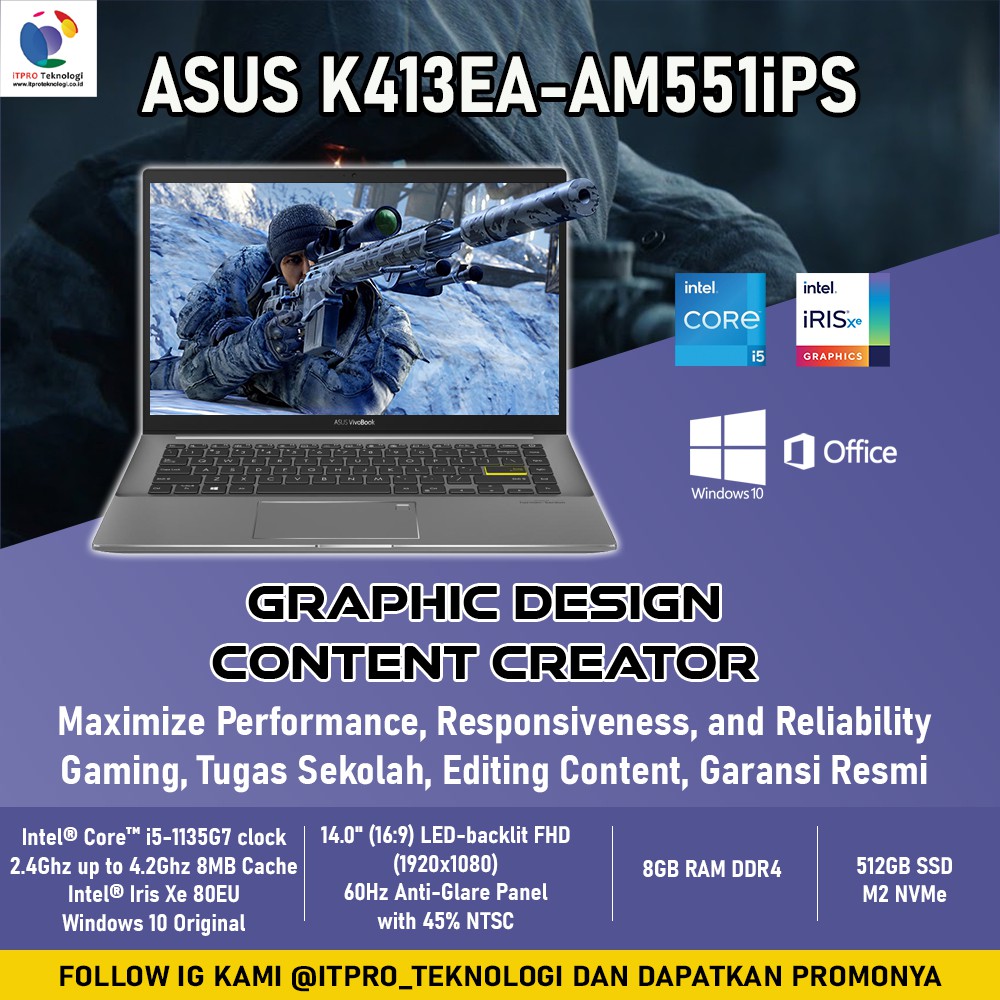 Laptop ASUS K413EA-AM551iPS i5-1135G7 8GB 512GB 14'FHD iPS W10+OHS2019