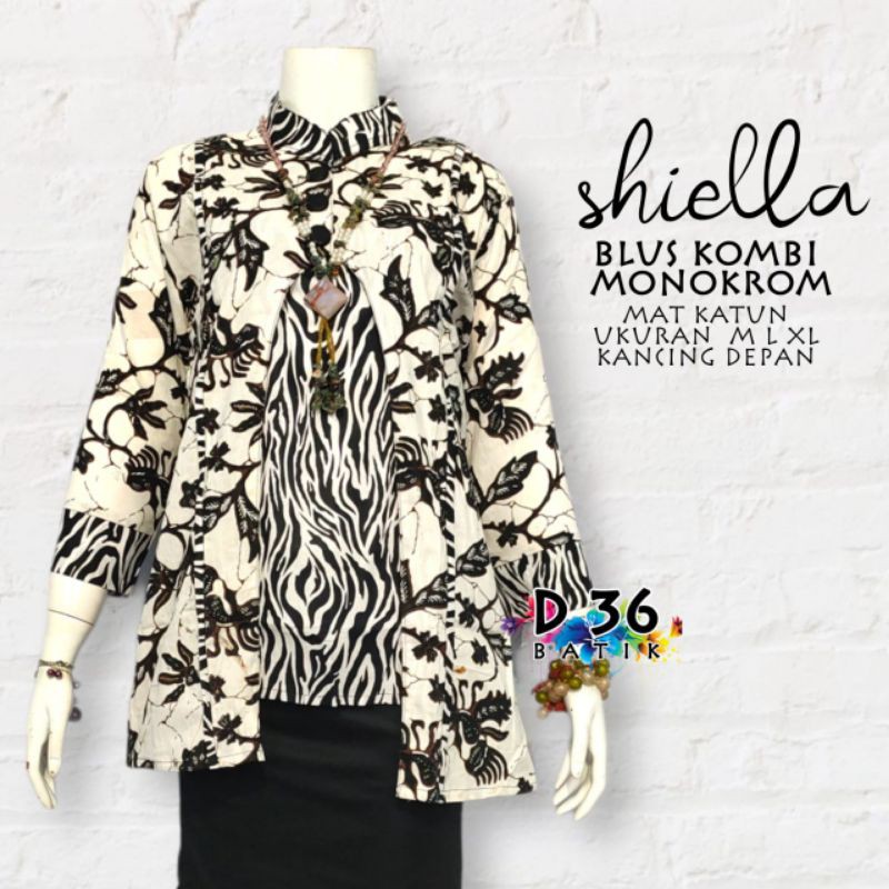 Blus Shiella hitam putih monokrom pendek lengan panjang Baju atasan katun halus Batik Wanita remaja cewek abg Kasual kerja kampus kuliah seragam seragaman kembaran sekolah etnik fashion Modern kasual trendy cantik kekinian terkini terbaru-Daun