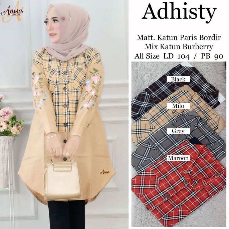 tunik katun Paris kotak Mix polos bordir