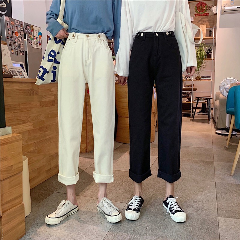 Celana wanita baru celana jeans pinggang tinggi lurus longgar celana harem mahasiswa