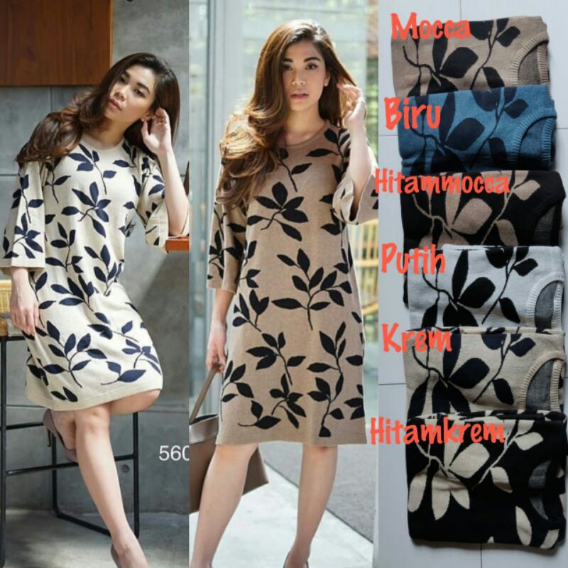 560 Dress rajut motif daun tangan lonceng/tangan terompet import/tunik rajut muslim real pict