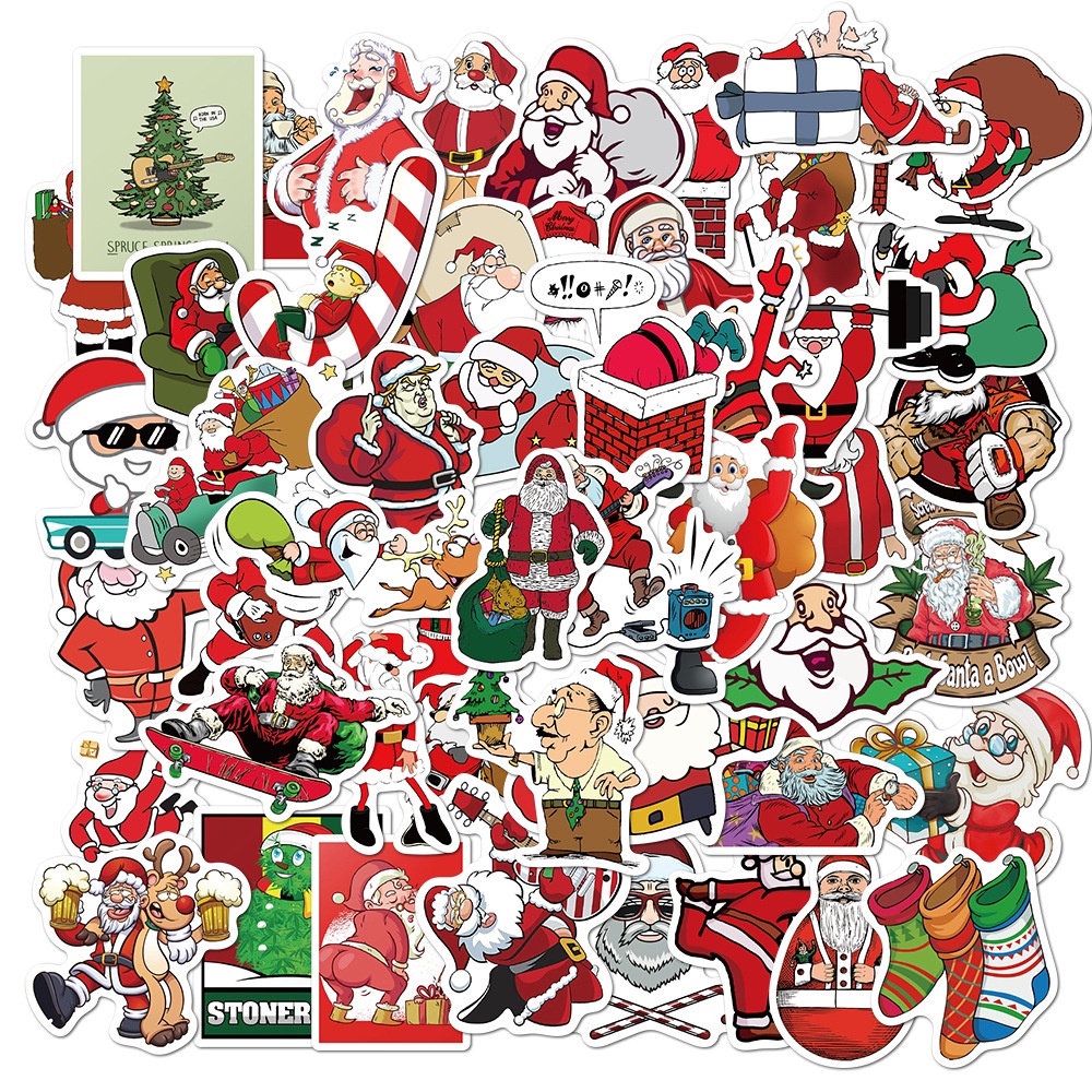 50 Pcs Christmas Theme Santa Claus Pattern Pvc Waterproof Removable Graffiti Stickers for Laptop Fridge Luggage Decor