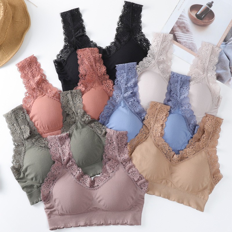 ☀ Sunly ☀ A132 Bra Wanita Sports Bra V-Neck Aksen Hem Lace dengan BH Pad Busa Import