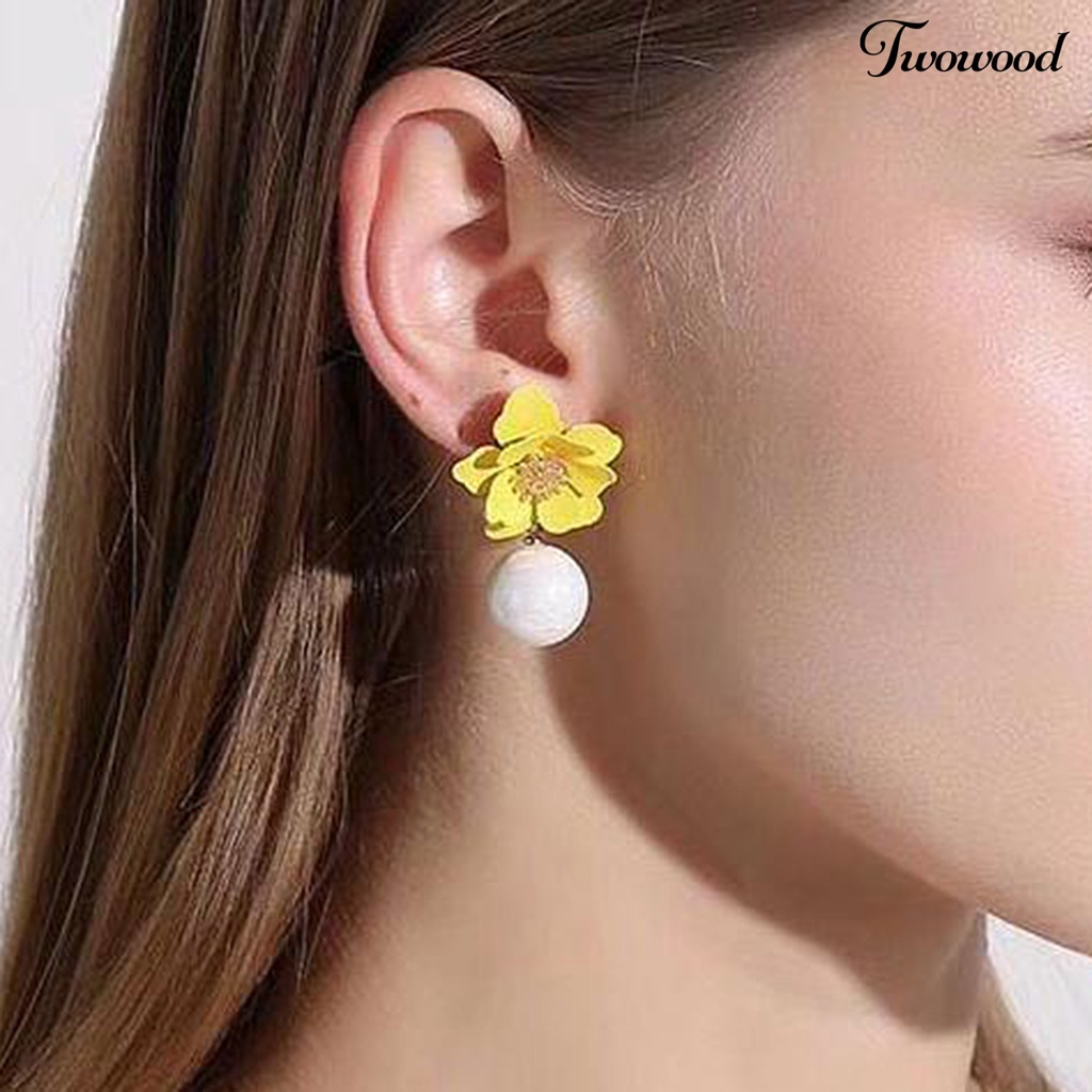 Twowood 1 Pair Big Flower Pendant Faux Pearl Women Earrings Alloy Piercing Sweet Drop Earrings Jewelry Accessory