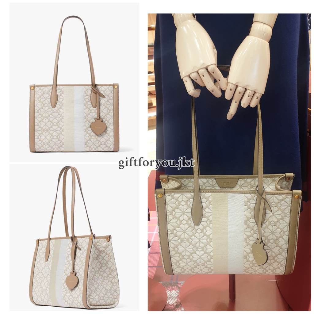 Tas Tote Bag Kate Spade Original Stripe Market Spade Flower Jacquard Medium Tote Natural Multi Tas B