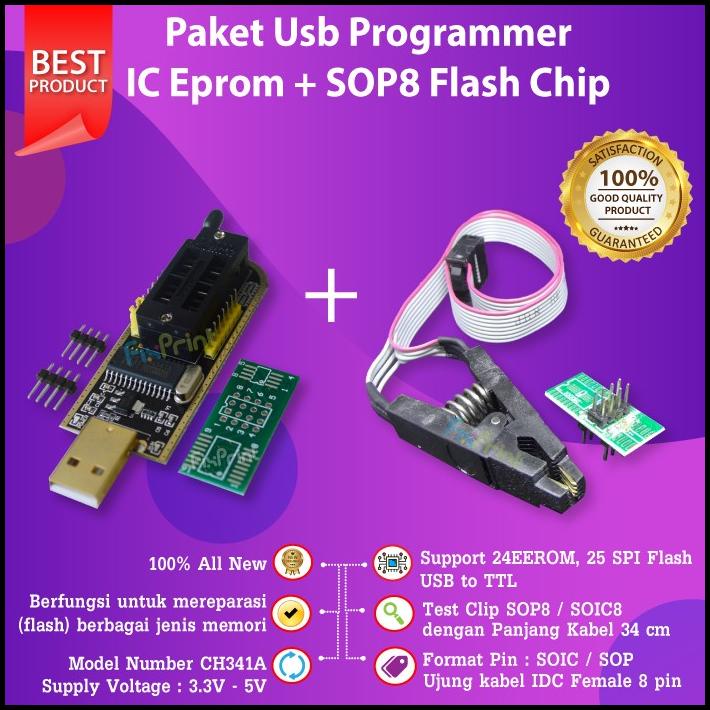 Usb Programmer Ic Eprom Ch341A + Penjepit Sop8 Flash Chip New