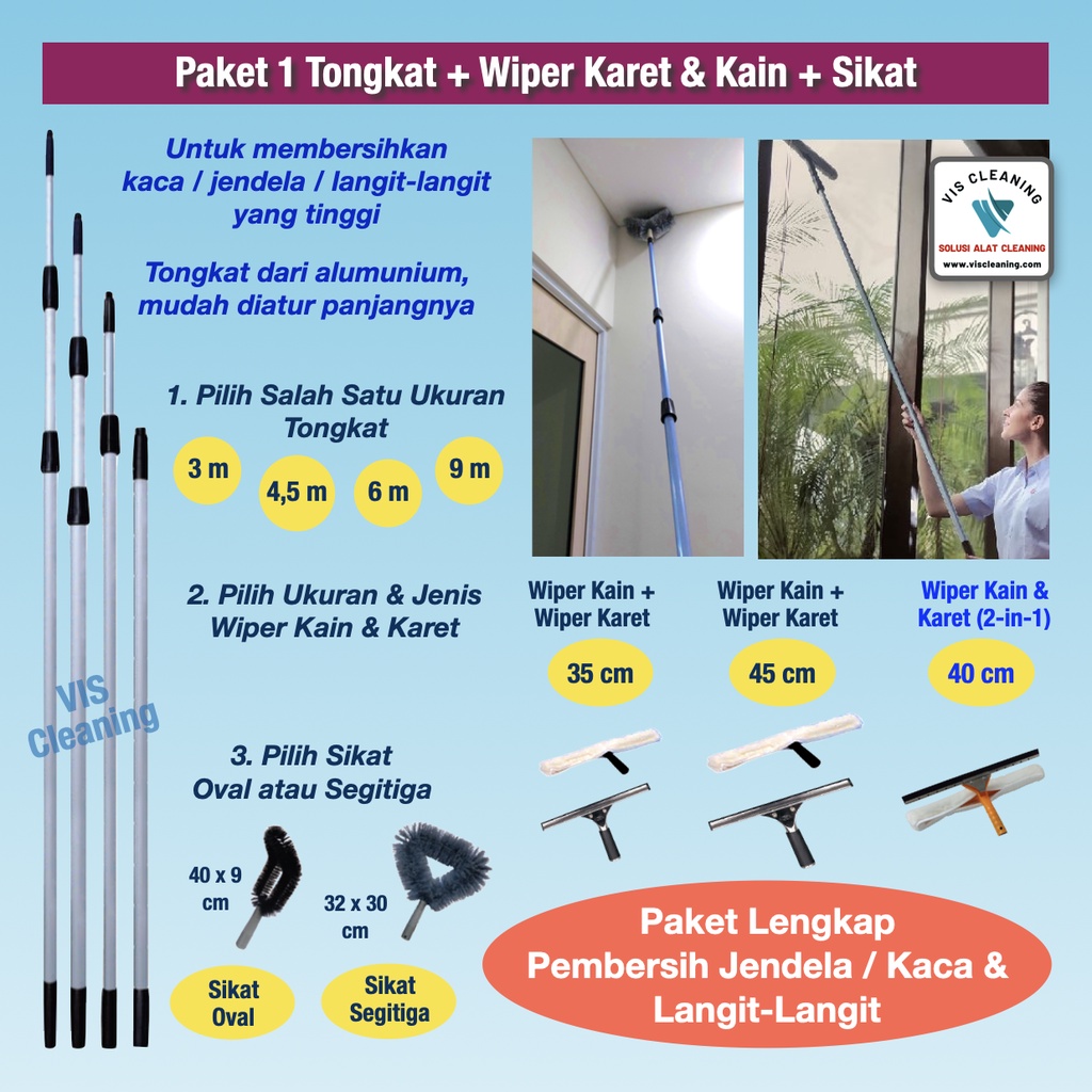 Paket Lengkap Tongkat Teleskopik / Telescopic Pole 4,5 m+Pembersih Jendela+Sikat Sawang