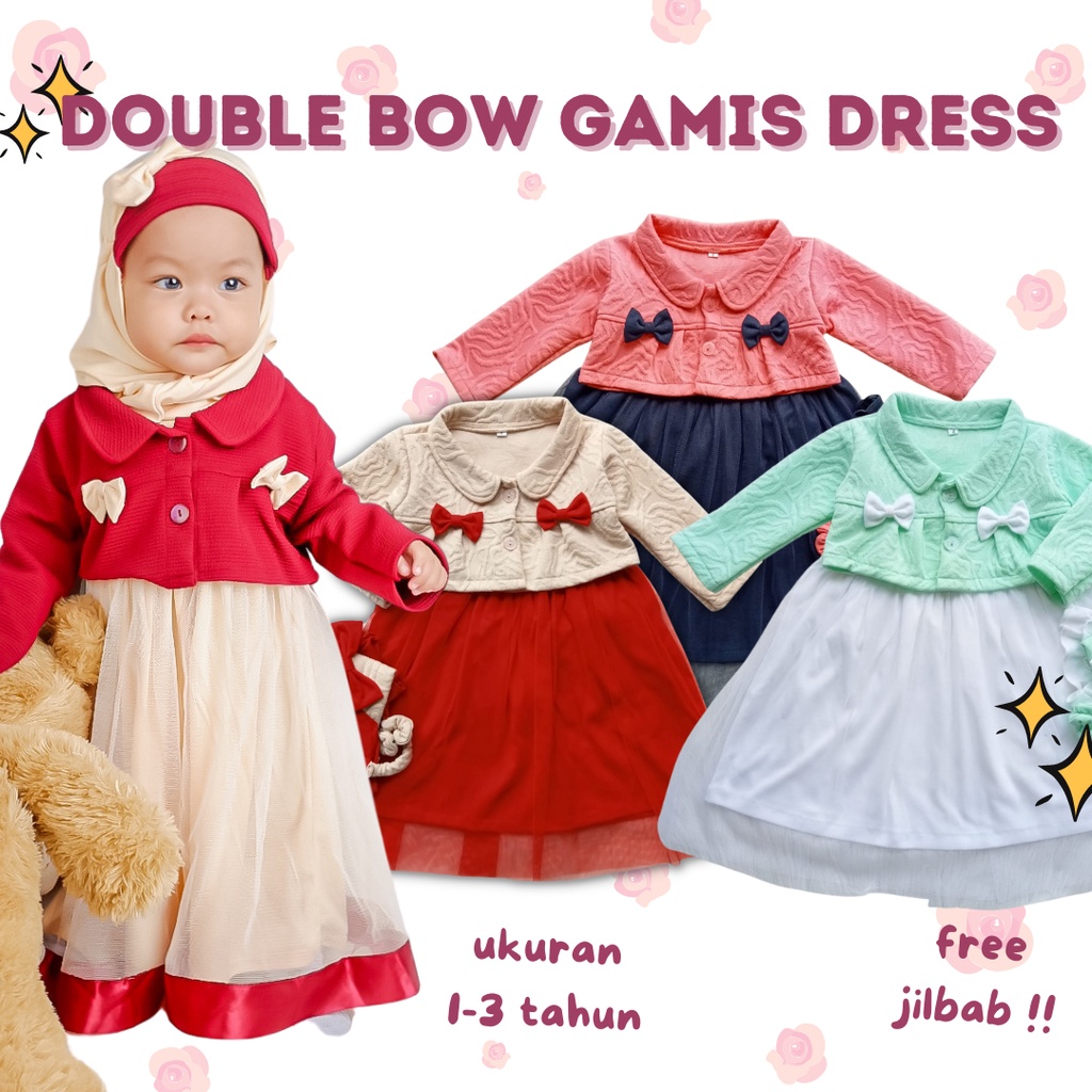 Dress gamis double bow gamis dress set anak cewek perempuan gamis anak perempuan baju lebaran anak dress gamis muslim anak baby 1-3 tahun