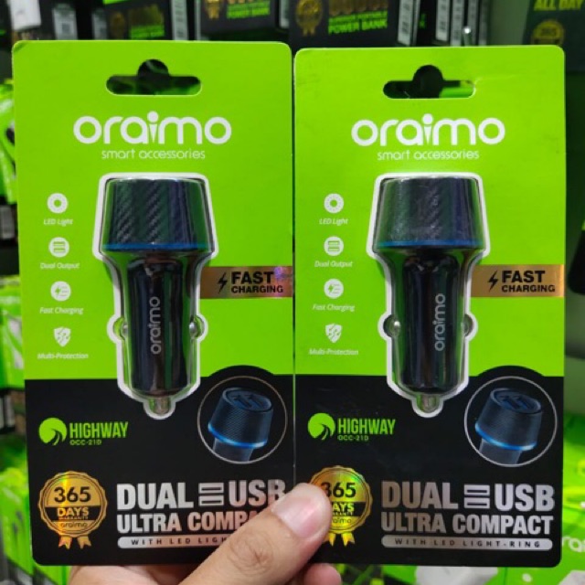 CHARGER CAS MOBIL CAR CHARGER  ORAIMO DUAL USB ULTRA COMPACT OCC-21D OCC21D GARANSI 1tahun 12 - 24 Range Volt Tanpa Kabel