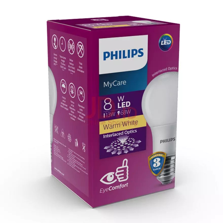 LAMPU LED BULB PHILIPS 8 WATT KUNING/WARM WHITE BOHLAM LED PHILIPS 8 WATT