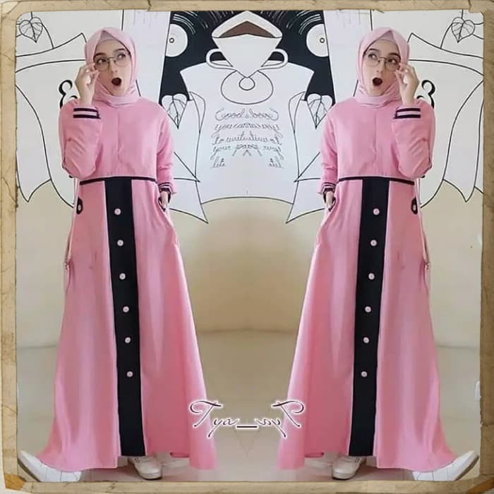 Tya Dress Muslim/Fashion Muslim/Gamis/Busui Resleting Dpn/Bisa Cod/Best Seller/online Shoop-pink combi black