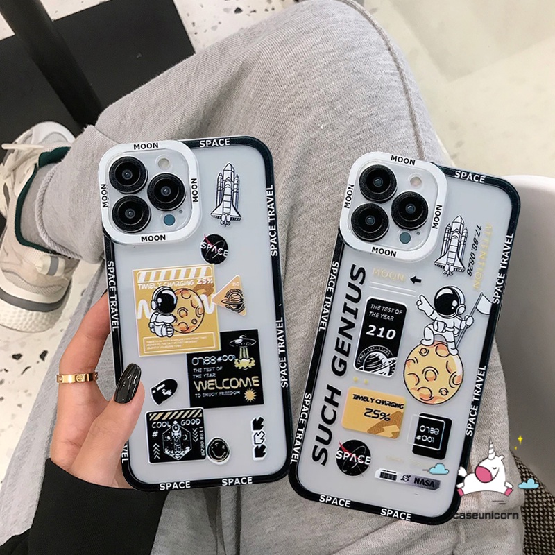 IPHONE Trendy Merek NASA Astronot Luar Angkasa Soft Phone Case Kompatibel Untuk Iphone14 11 13 12 Pro MAX 6 6S 78 Plus X XS MAX SE 2020transparan Bening Perlindungan Lensa Back Cover