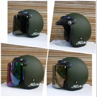 HELM BOGO RETRO CEWEK COWOK WARNA HIJAU DOFF KACA DATAR ...