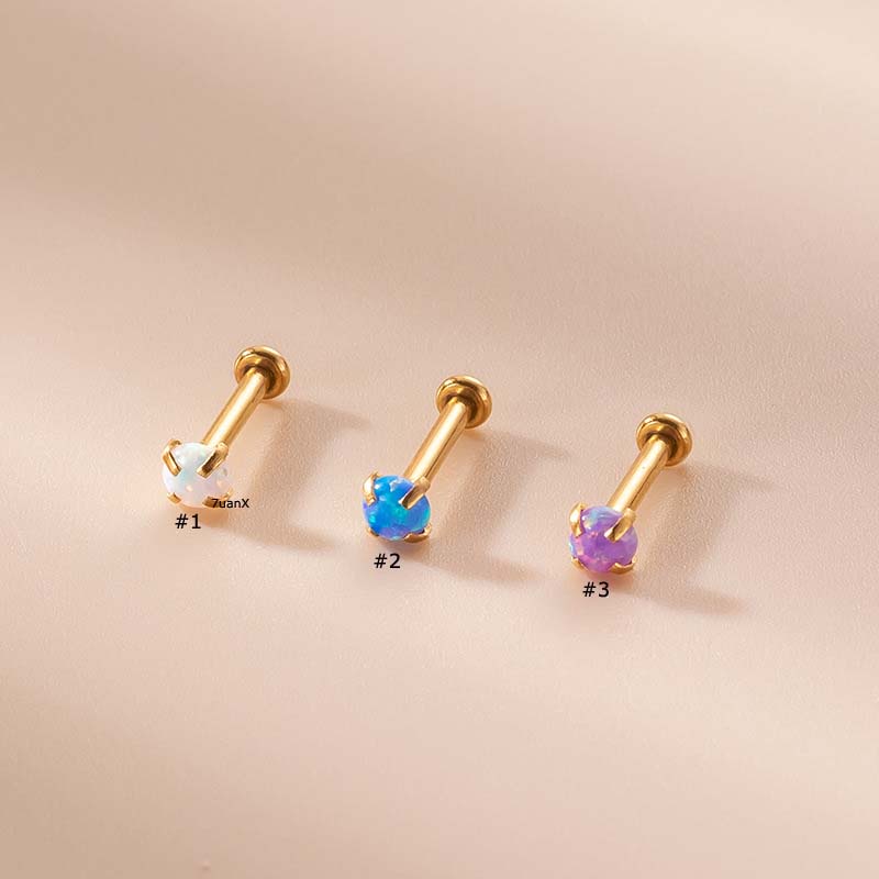 1pc Cincin Tindik Bibir Labret 16Gauge Bahan Stainless Steel Hias Batu Opal 3mm