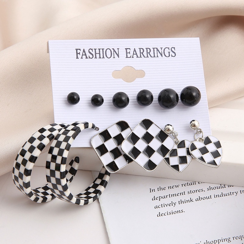 6 Pasang / Set Anting Tusuk Gantung Bahan Metal + Akrilik Desain Hati / Persegi / Kotak-Kotak Gaya Vintage / Elegan Untuk Wanita