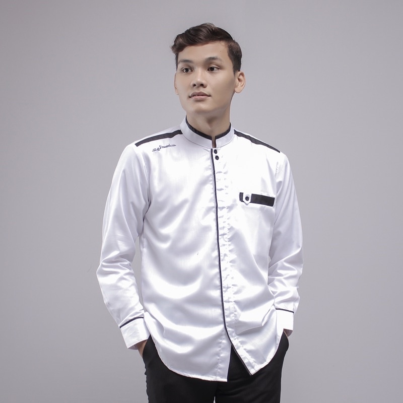 Baju Koko Original Elrumi Motif Yisunsin Warna Putih Lengan Panjang Kombinasi Bordir Elrumi