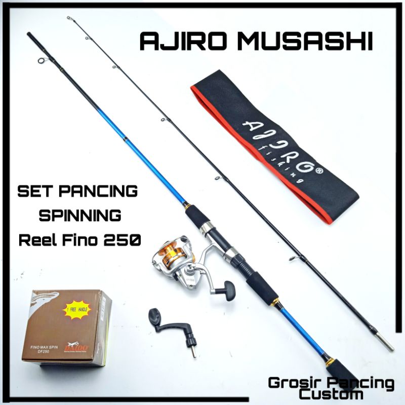 satu set joran pancing spinning kaku murah fiber solid ajiro musashi 165 180 198 cm reel fino simura