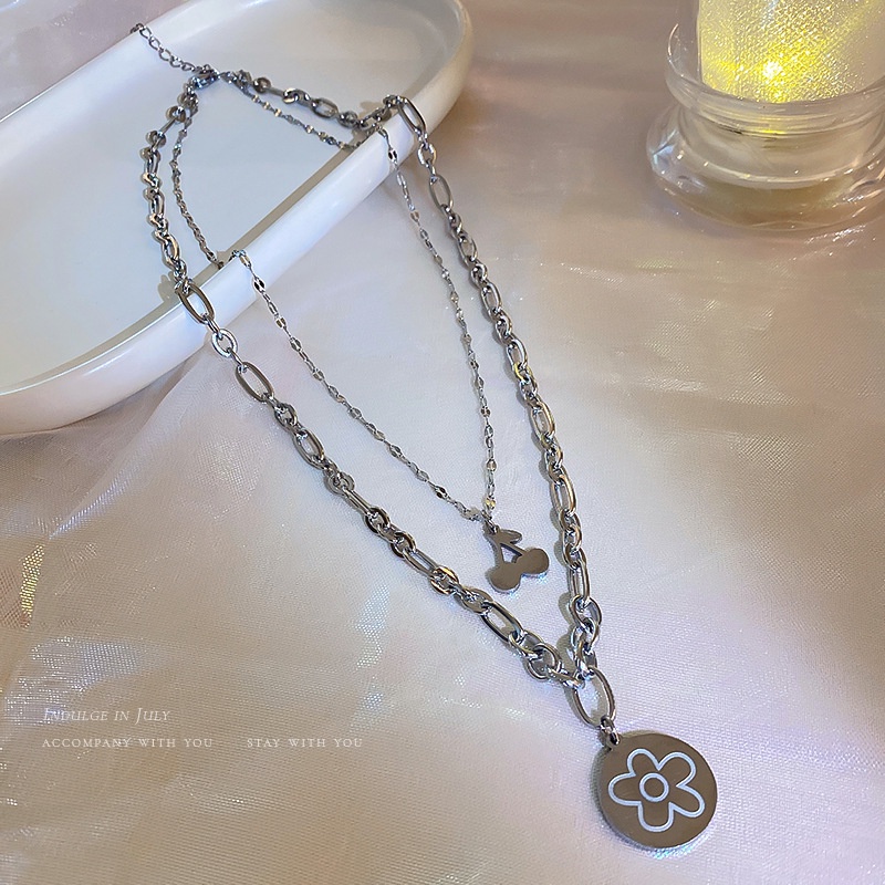 Kalung Rantai Multi Layer Liontin Cherry Daisy Warna Silver Untuk Wanita