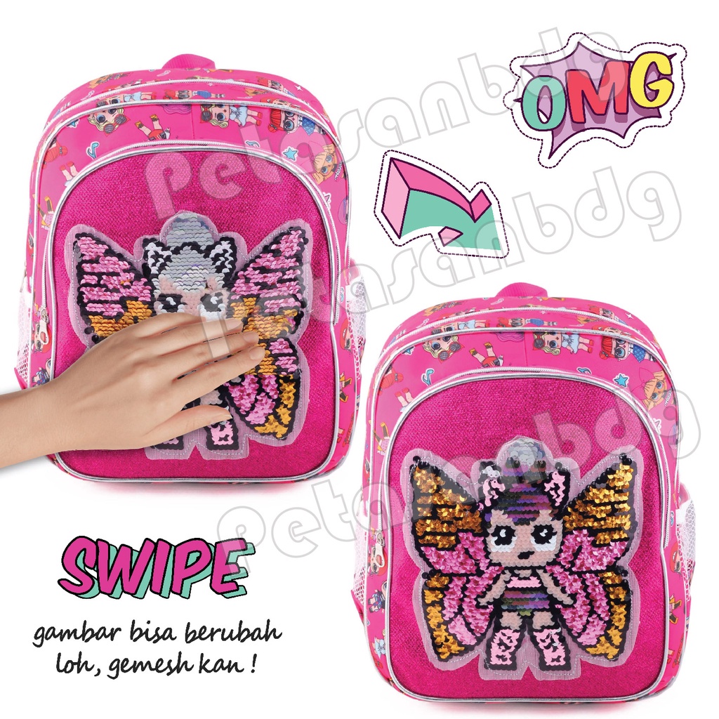 PTS - Tas Usap Ransel Sekolah Anak Perempuan Karakter Anak Perempuan Karakter LOL SURPRISE - Ransel Model Usap / Swipe Color - UKURAN SD