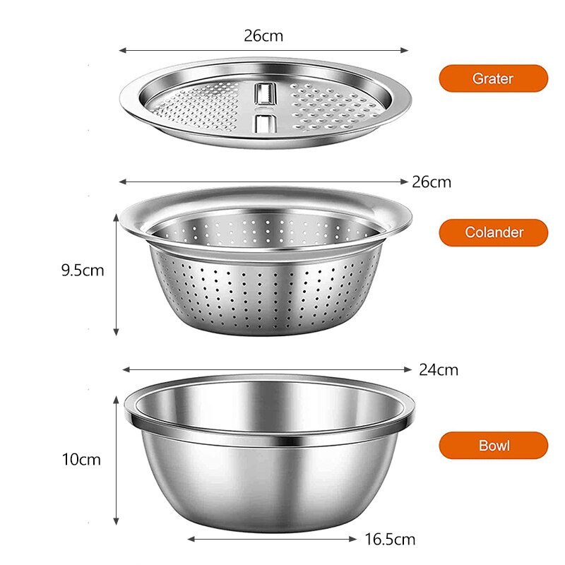 Parutan Baskom Saringan Stainless Steel 3in1 / Tirisan Baskom Cuci Sayur Buah