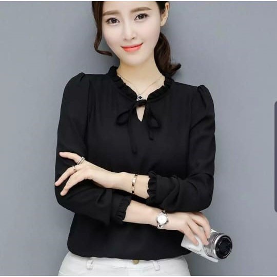 ZAZA_FASHION Baju Atasan Wanita Terbaru 2021 Real Pict Blouse Wanita Hits Kerah Kerut-4