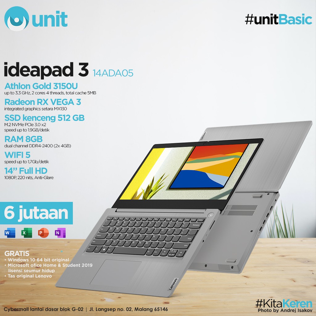 Lenovo Ideapad Slim 3 Athlon Gold 8GB SSD PCIe 512GB Windows 10 Office 2019 Ori - Platinum Grey