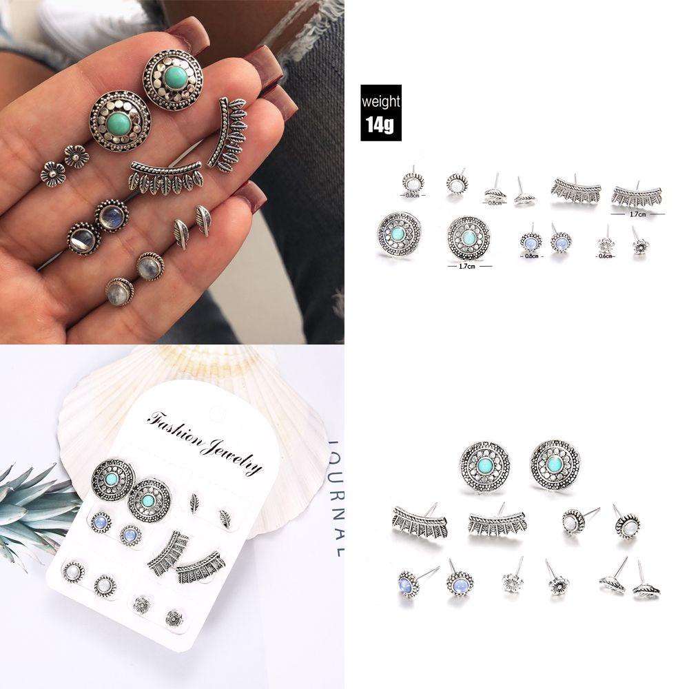 R-flower Stud Earrings Set Vintage Boho Pesta Perhiasan Hadiah Perak Antik Batu Pirus