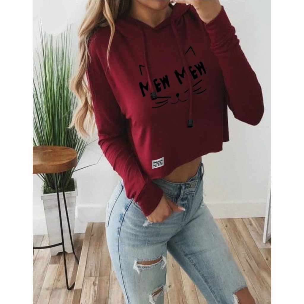 SWEATER CROP HOODIE MEW MEW BAHAN FRENCHTERRY TERLARIS