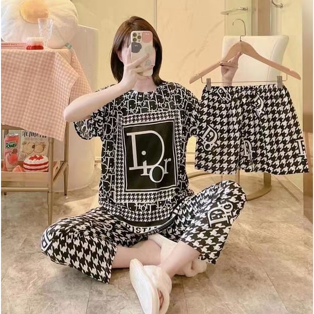 AJW Shop Piyama 3 in 1 | Piyama Lengan Pendek | Baju Tidur Impor | Baju Tidur 3in1-KotakD Black