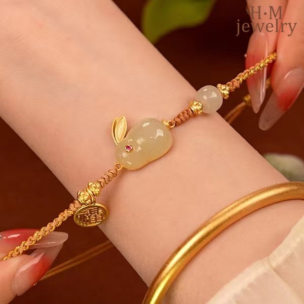 Gelang Tangan Manik-Manik Batu Agate Hetian Jade Bulat Aksen Kelinci Fu Untuk Wanita