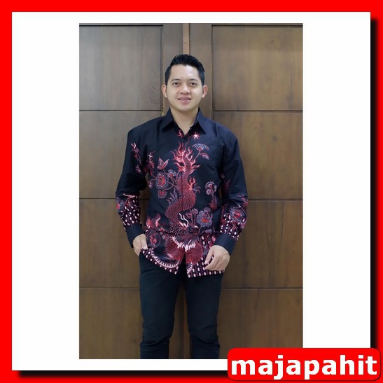 Nogo Merah Kemeja Batik Solo Lengan Panjang Lapis Furing Atasan Modern Premium Nogo Sogan Naga Biru 