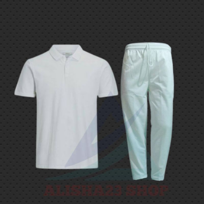 SETELAN KAOS PUTIH BERKERAH LENGAN PENDEK PUTIH POLOS STELAN TRAINING PUTIH POLOS BAJU KERAH LENGAN 