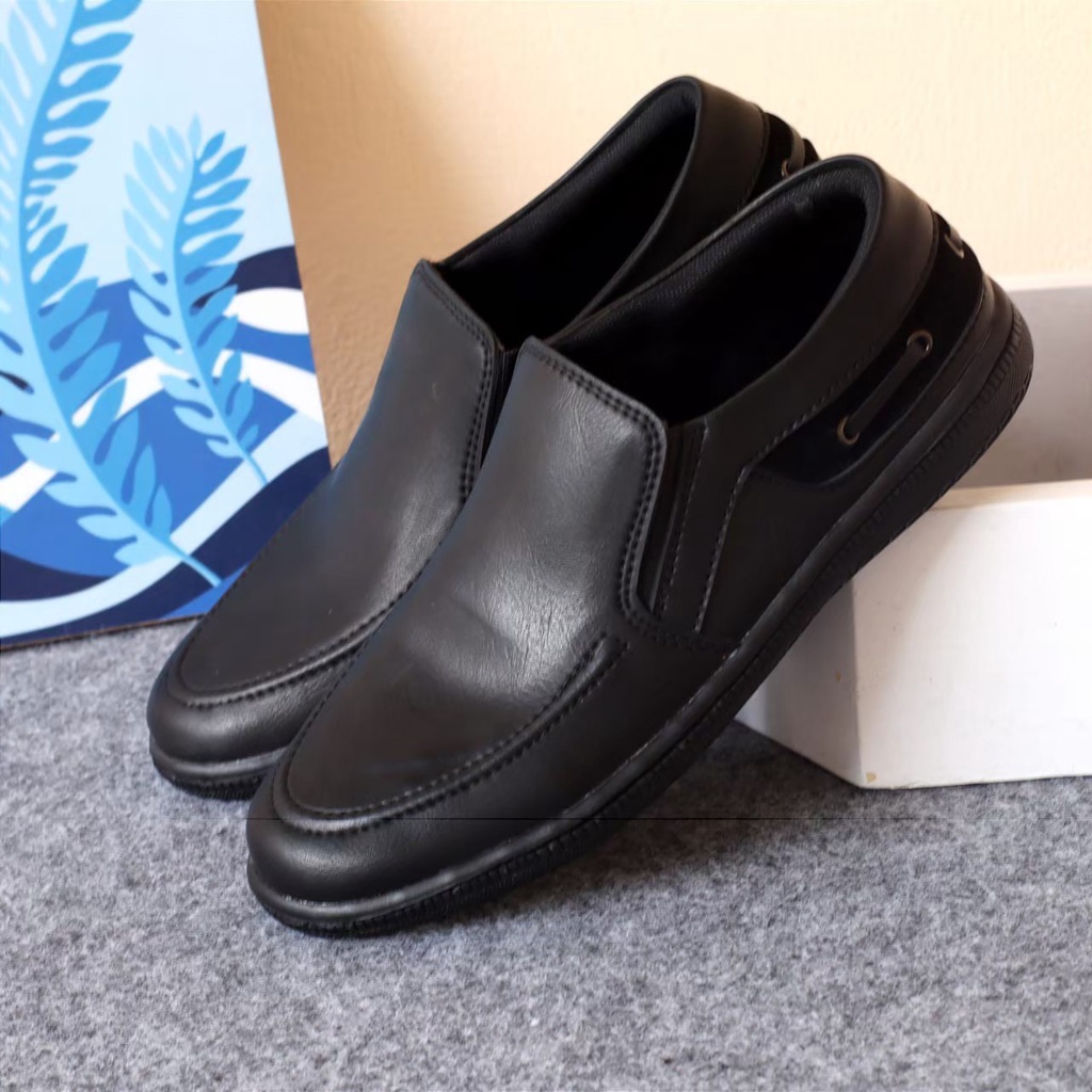 Sepatu Pantofel Hitam Pria Slip On Pendek Kulit Asli Casual Formal Kuliah Kerja Kantor Keren Sepatu Loafer Boi Pansus Pria