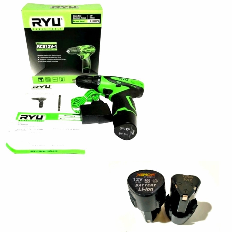 PAKET RYU MESIN BOR CAS BATERAI CORDLESS 10MM +1PCS BATERAI 12V XENON