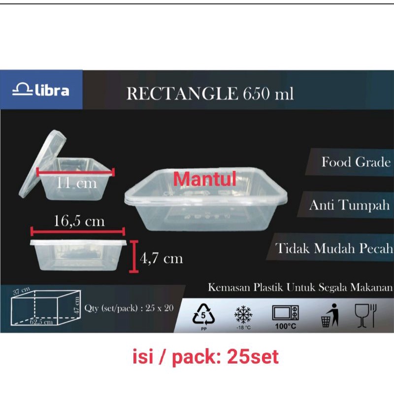 isi 25set Thinwal 650ml Persegi Panjang / Food Container / Kotak makan