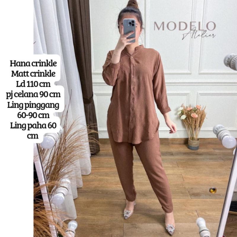 Setelan Celana Wanita Hana Set Crinkle Airflow One Set Kemeja Polos Piyama Pajamas Terbaru