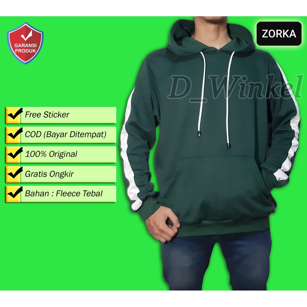 Sweater Polos Hijau List Putih / Jaket Hoodie Pria List Putih Fleece Premium Tebal DISTRO ZORKA