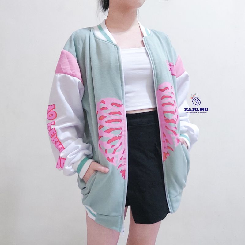 KOREAN JAKET FASHION VARSITY ZIPPER WANITA OVERSIZE- Nicole Varsity Jacket