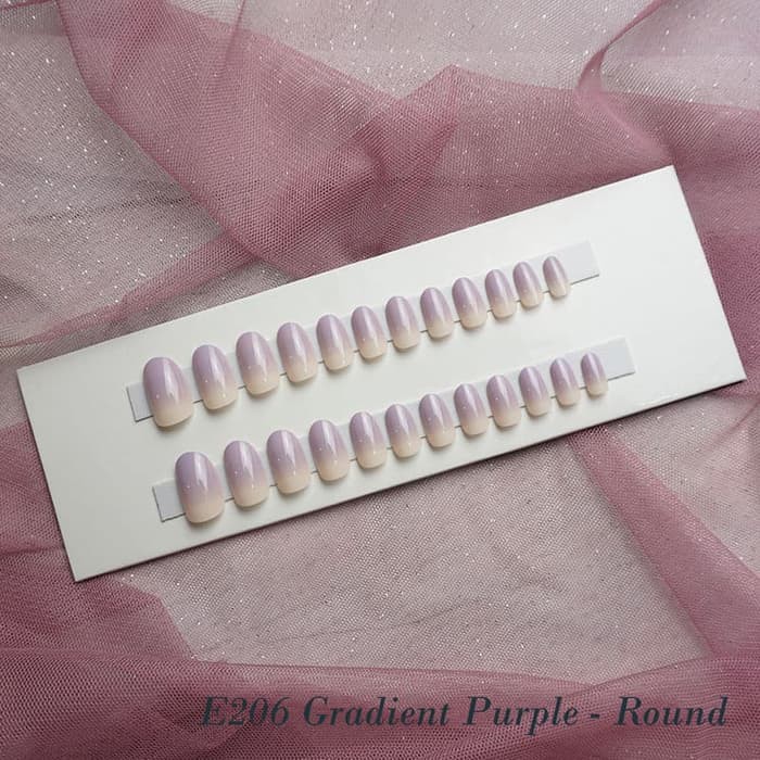 E206 Gradient Purple   Round Fake Nails  Kuku Tangan Palsu Motif  VN