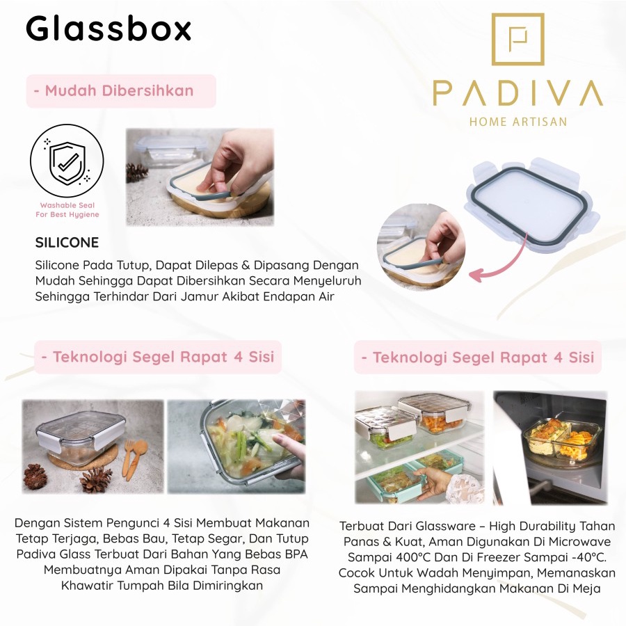 Padiva 640ml Pink (2pcs) Crystal Glassbox 1 compartment - Kotak Penyimpanan makanan kaca