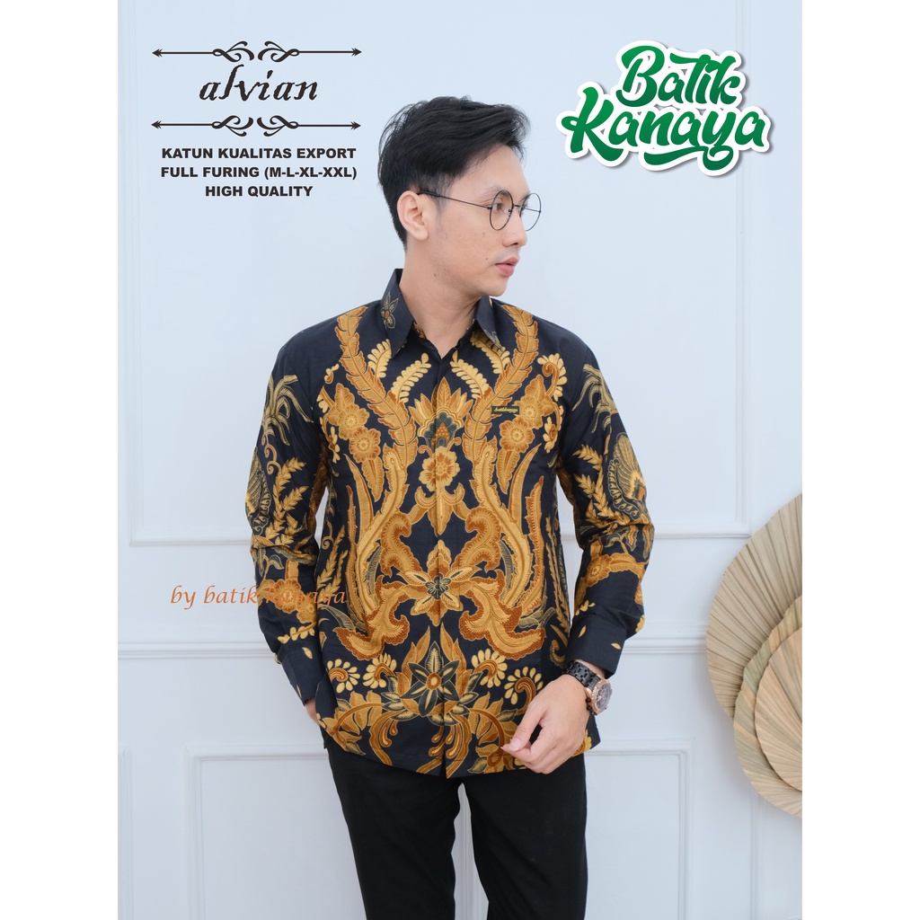 Kanaya - Kemeja Batik Pria Lengan Panjang Full Furing Bahan Katun Kualitas Ekspor ALVIAN Warna Dasar Hitam